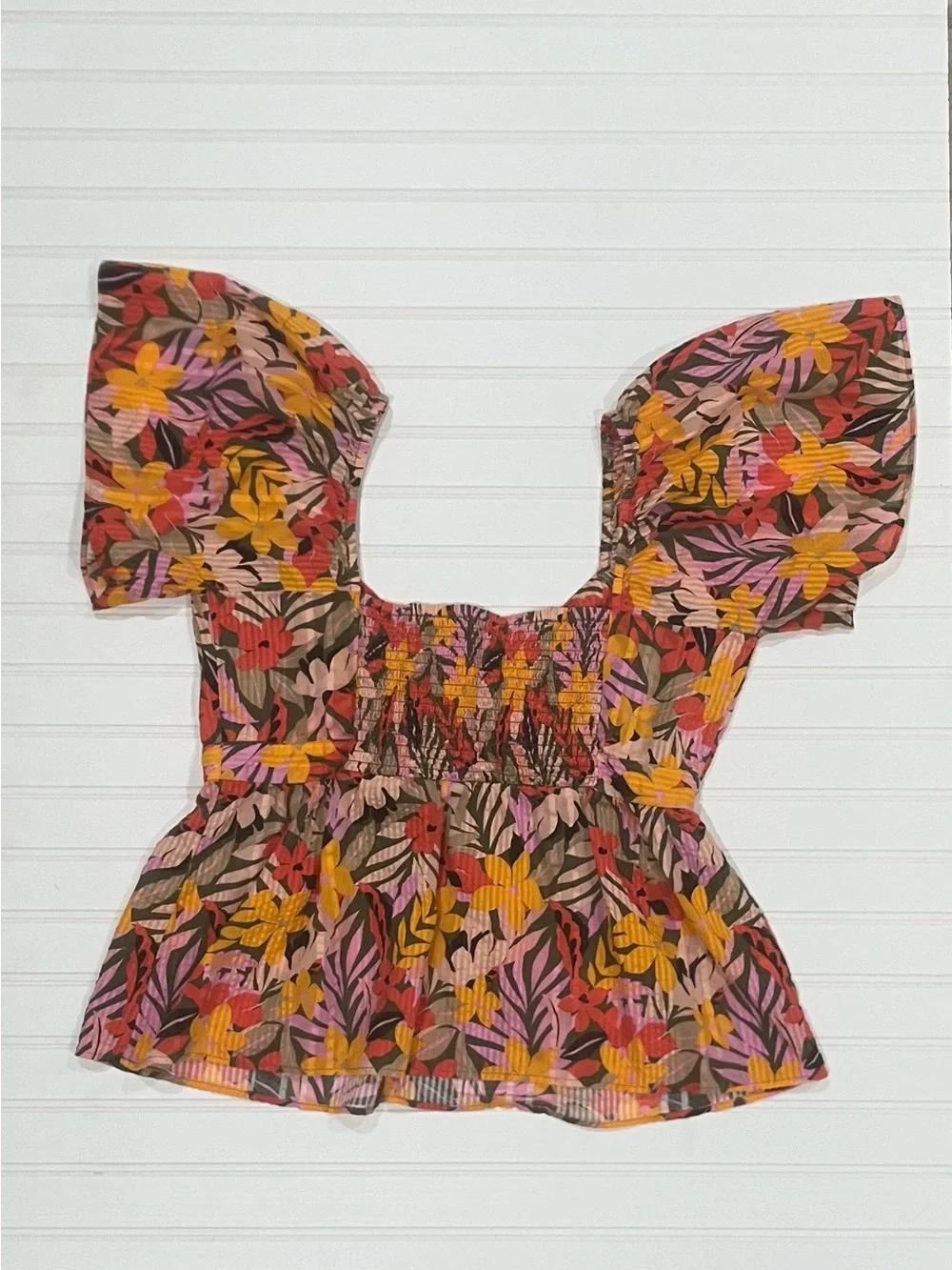 Loft, lFloral, Square-Neck Peplum Top in Multicolor, Size Large
